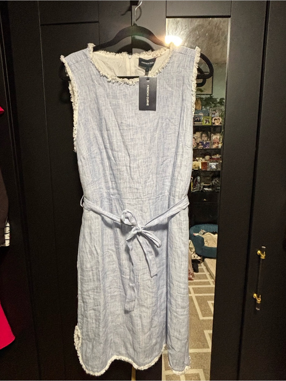 Sleeveless Light Blue Linen-Blend Mini Dress with Self-Tie Waist